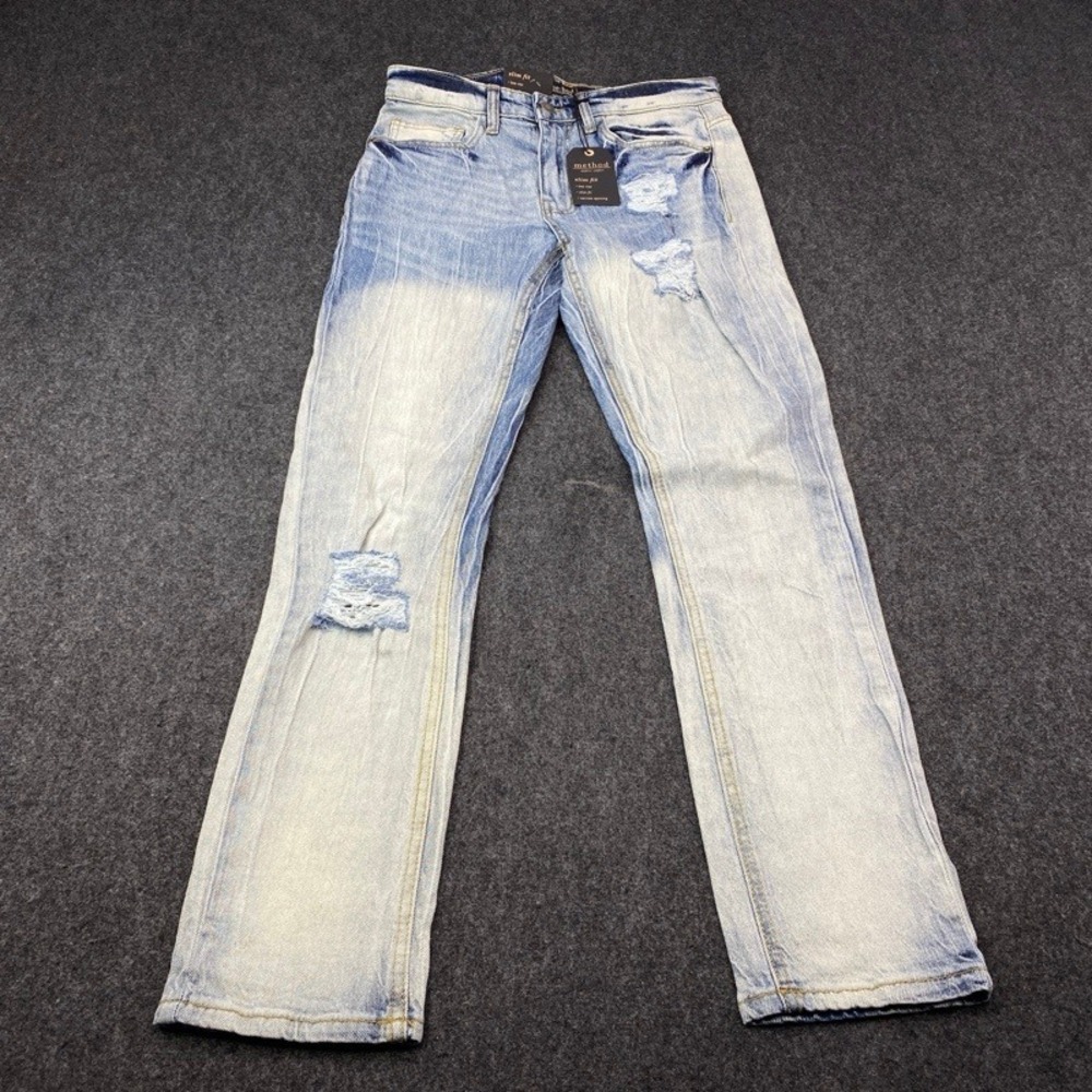 NWT Method Slim Fit Jeans Mens 29x30 Light Blue Distressed Low Rise Acid Wash